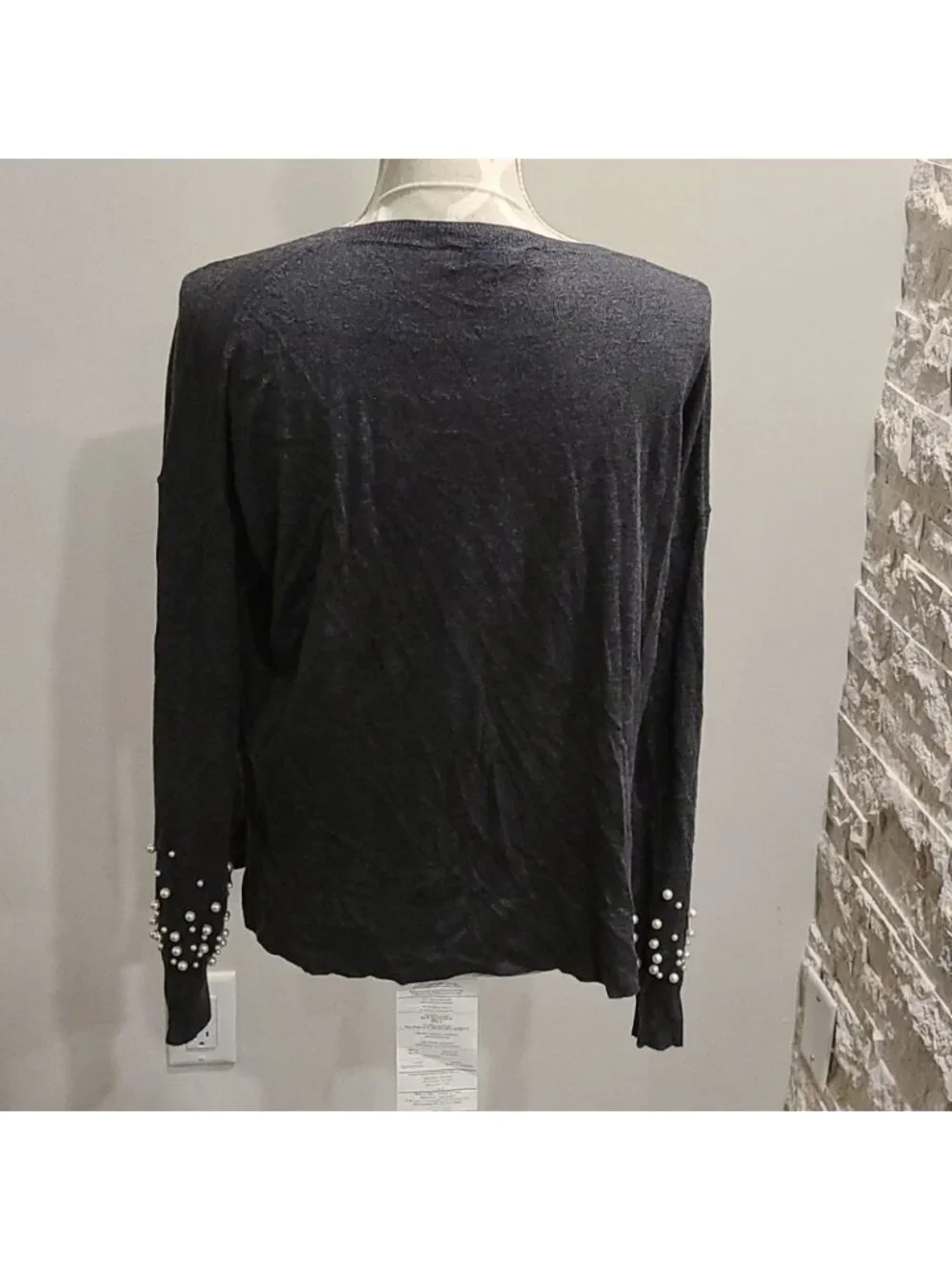 Zara Knit Faux Pearl Sleeve Long Sleeve Sweater